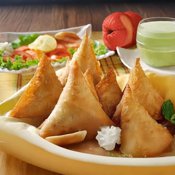 A plate of golden-brown samosas with a side salad, red apples, and a green drink.